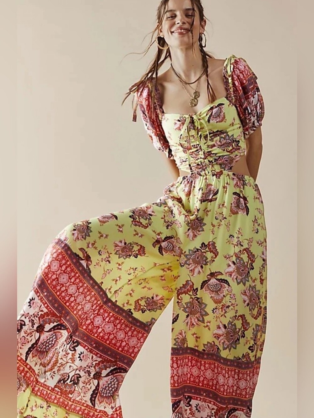 Free People Women's Green Bali Citrus Skies Jumpsuit Size M Orig $148